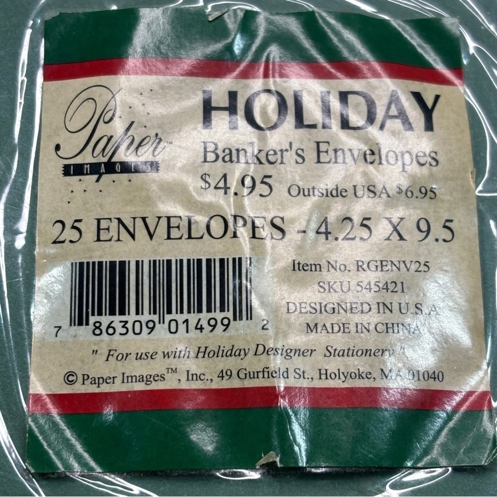 Holly French Horn paper images HOLIDAY green banker's envelopes 4.25x9.5 Money